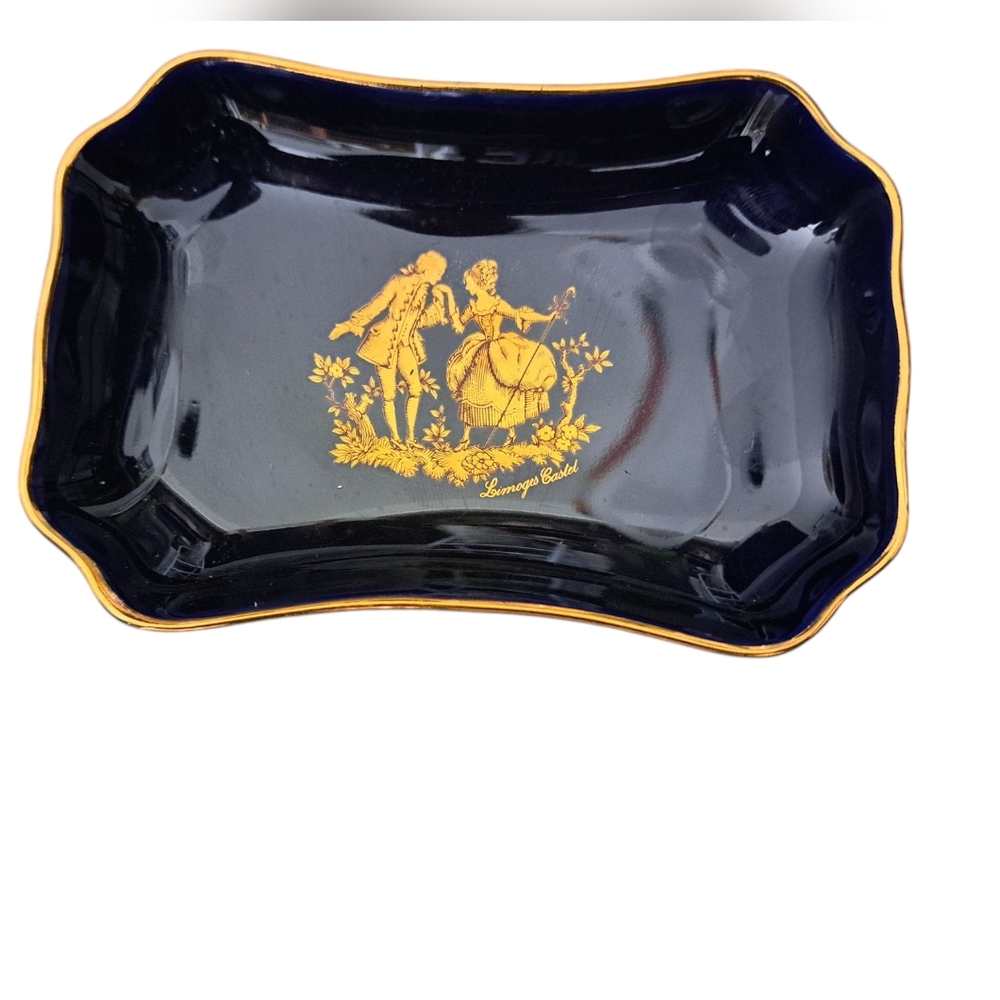 VTG Limoges Castel FRANCE porcelain trinket dish Cobalt Blue Gold Trim Small